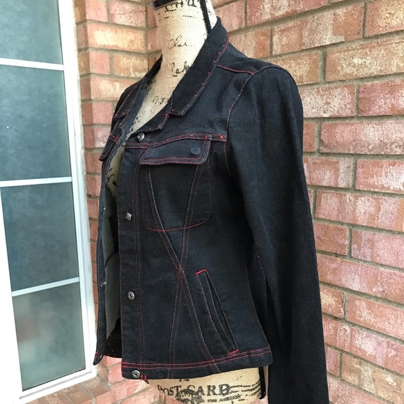 Black Jean Jacket with red jewel & stitching - Picture 4 of 7